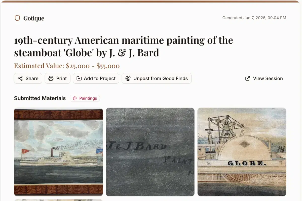 Example AI valuation report for a 19th-century American steamboat painting, showing the estimated value range