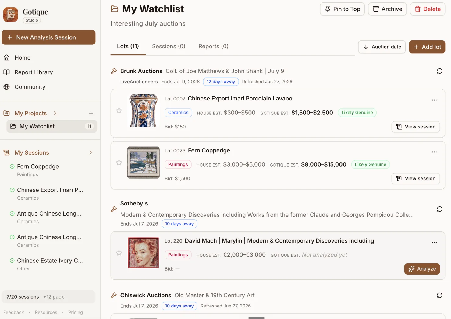 Ein Gotique-Projekt namens „Auctions to Watch“, das verfolgte Lose von mehreren verschiedenen Auktionsseiten nebeneinander auflistet — jedes zeigt die Schätzung des Hauses neben einer Gotique-Schätzung.